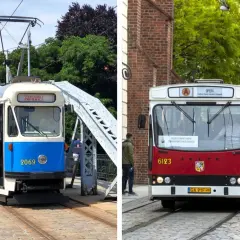 Wrocławskie tramwaje: niebiesko-biały na moście i czerwony na ulicy.