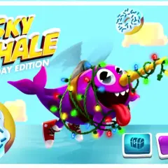 Gra "Sky Whale: Holiday Edition" z serii Game Shakers. Jak wydać grę? Wesoły fioletowy wieloryb w świątecznych lampkach i pączkach.