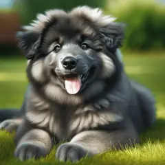 Szczeniak rasy blue bay shepherd leży na trawie, merdając ogonem.