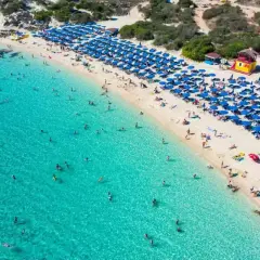 Słoneczny dzień na plaży Makronissos. Turkusowa woda, biały piasek, rzędy niebieskich parasoli i mnóstwo plażowiczów cieszących się słońcem i kąpielą.