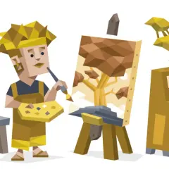 Artysta ISFP maluje drzewo, obok stoi pianino i rośliny.