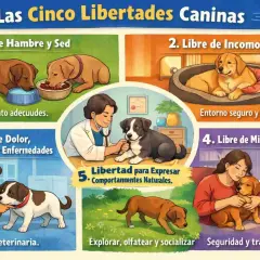 Ilustración sobre las cinco libertades caninas: perros comiendo, durmiendo en cama cómoda, recibiendo atención veterinaria, jugando y siendo abrazados. Datos curiosos de perros.