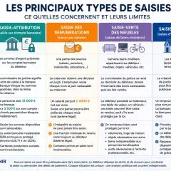 Infographie comparant les types de saisies : attribution, rémunérations, meubles, immobilier. Elle explique la différence entre huissier et société de recouvrement.