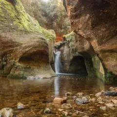 Cascada en el gorg de la Mola, rodeada de rocas cubiertas de musgo y vegetación. El agua clara refleja el entorno natural.