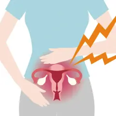 Illustration av en gravid kvinna som håller sig om magen. Hon upplever ont i underlivet, symboliserat av blixtar.