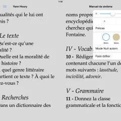 Lecture d'un livre au format epub, affichant des questions sur la moralité et la grammaire.