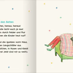 Reime auf Lieder: Zwei Kinder schlafen im Bett, während die Sonne sie auslacht. Ein Hahn und Spatzen rufen zum Aufstehen.