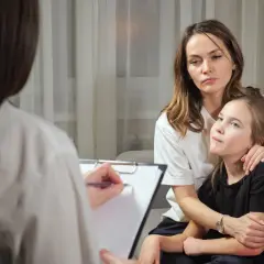 Matka z córką na kanapie, wsparcie dla rodziny z zespołem Dravet. Terapeuta notuje.