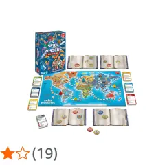 Brettspiel "Spiel des Wissens" mit Weltkarte, Büchern und Karten. Ein spannendes Spiel für die ganze Familie, das Wissen vermittelt – vielleicht das beste Spiel der Welt!