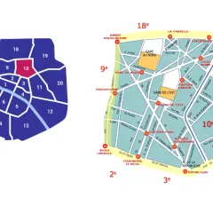 Mapa Paryża z zaznaczonymi dzielnicami, wyróżniona 10. dzielnica.