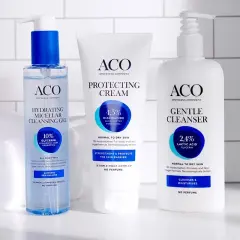 ACO hudvård med glycerin för återfuktning: rengöringsgel, skyddande kräm och mild rengöring.