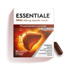 Opakowanie leku Essentiale Max 600 mg. Grafika przedstawia wątrobę, sugerując, że to ast co to za badanie. Lek bez recepty.