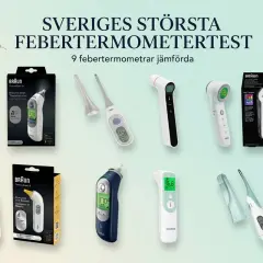 Sveriges största febertermometertest visar nio modeller, inklusive Braun Thermoscan 7+.