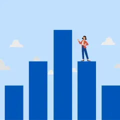 Illustration of people climbing blue bars, symbolizing progress in mba organizational leadership.