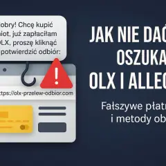 Ostrzeżenie przed oszustwami na OLX. Fałszywy link do płatności i odbioru, ostrzegawczy trójkąt z wykrzyknikiem.