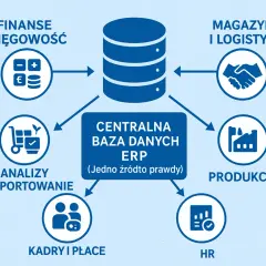 Schemat pokazuje, jak system ERP integruje finanse, magazyn, produkcję, HR, analizy i płace wokół centralnej bazy danych.