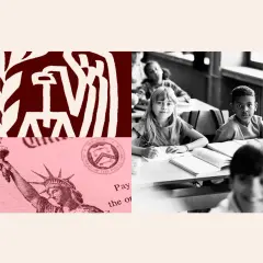 Children in a classroom, with imagery of the IRS and Statue of Liberty, hinting at the 2026 child tax credit.