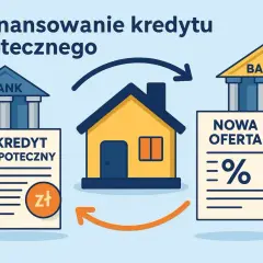 Ilustracja pokazuje przeniesienie kredytu hipotecznego. Dom symbolizuje właściciela, który przenosi swój kredyt z jednego banku do drugiego, szukając lepszej oferty.