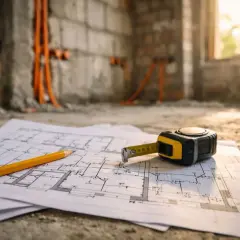 Plany budowy, ołówek i miarka leżą na podłodze. W tle widać ściany z instalacją elektryczną, co sugeruje prace związane z elektrotechniką.