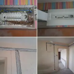 Nowe przewody i bezpieczniki w rozdzielnicy elektrycznej. Trwa wymiana instalacji elektrycznej, widać nowe kable i skrzynkę z zabezpieczeniami.