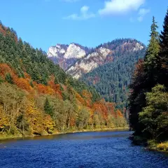 Jesienny krajobraz z rzeką i górami w Pieninach. Kolorowe drzewa na zboczach tworzą malownicze cuda natury w Polsce.