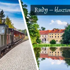 Kolejka wąskotorowa i malowniczy krajobraz z odbiciem w wodzie, ukazujące piękno opactwa cystersów w Rudach.