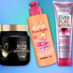 Tres productos L'Oréal Elvive y Ever Pure para el cuidado del cabello: mascarilla Power Restore, crema No Haircut Cream y champú Moisture.