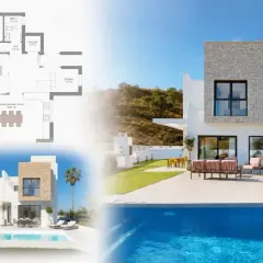 Plano y vistas de un moderno chalet con piscina, jardín y amplias zonas de estar.