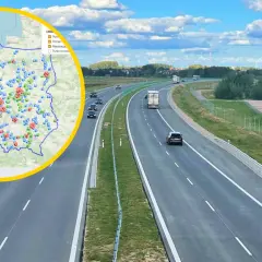 Mapa Polski z zaznaczonymi nowymi odcinkowymi pomiarami prędkości. Na drodze widać kilka samochodów.