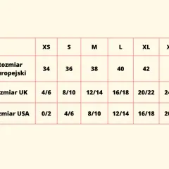 Tabela rozmiarów ubrań USA na polskie: XS (34) to 0/2 USA, S (36) to 4/6 USA, M (38) to 8/10 USA, L (40) to 12/14 USA, XL (42) to 16/18 USA, XXL (44) to 20/22 USA.