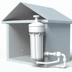 Schemat domu z zamontowanym filtrem wody i rurami.