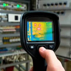 Ręka trzyma termowizyjny aparat, który pokazuje rozwarty panel elektryczny z gorącymi punktami.