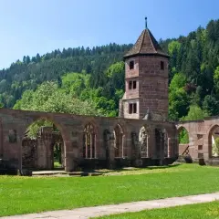 Ruinen eines evangelischen Klosters mit einem Turm im Hintergrund, umgeben von grünen Hügeln und Bäumen.