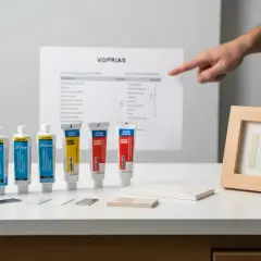 Rzędy tubek z masą akrylową do ścian i próbki płytek. Dłoń wskazuje na dokument z tabelą.