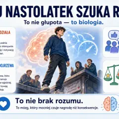 Nastolatek na dachu z przyjaciółmi, otoczony ikonami mózgu, nagrody i ryzyka.