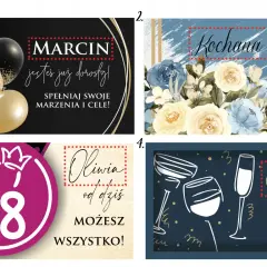 Cztery grafiki z okazji 18. urodzin: balony, kwiaty, cyfra 18 i kieliszki.