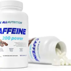 Czy kofeina w tabletkach jest zdrowa? Opakowanie suplementu ALLNUTRITION CAFFEINE 200 power z kapsułkami i ziarnami kawy.