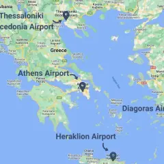 Mapa lotniska w Grecji: Macedonia Airport, Athens Airport, Diagoras Airport, Heraklion Airport.