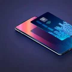 Teléfono móvil con tarjeta de crédito digital y símbolo de pago inalámbrico, representando la firma cloud.