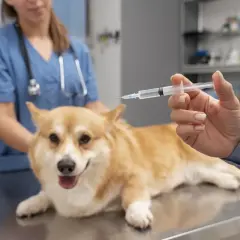 Weterynarz podaje zastrzyk corgiemu. To ważne szczepienia zwierząt, które zapewniają zdrowie i bezpieczeństwo pupila.