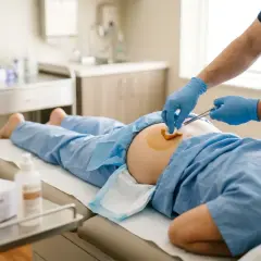 Lekarz w niebieskich rękawiczkach zakłada opatrunek na plecy pacjenta. W tle widać sprzęt medyczny i fartuch.