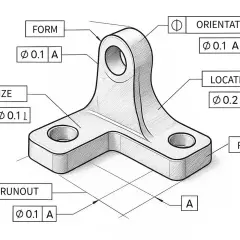Rysunek techniczny z symbolami GD&T: FORM, SIZE, RUNOUT, ORIENTATION, LOCATION, PROFILE.