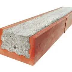 Przekrój przez betonową belkę nad oknem, otoczoną pomarańczową osłoną.