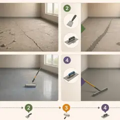 Étapes pour appliquer un ragréage liquide : nettoyage, réparation des fissures, application d'une sous-couche au rouleau, puis étalement du ragréage avec une raclette.
