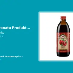 Butelka soku z granatu z etykietą przedstawiającą owoce granatu.
