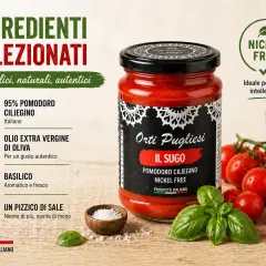 Vaso di sugo di pomodoro ciliegino, con ingredienti selezionati come olio EVO e basilico. Nickel free, ideale per intolleranti.