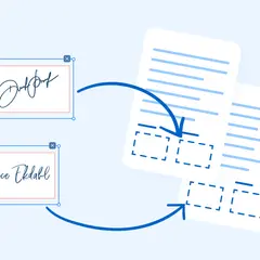 Dos cuadros con firmas digitales se conectan con flechas a documentos con espacios para firmar.