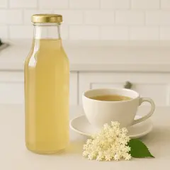 Butelka i filiżanka z napojem, obok bukiecik kwiatów czarnego bzu i listek.