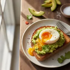 Tartine d'avocat avec un œuf mollet coulant, garnie de coriandre et de flocons de piment. Un délice pour le petit-déjeuner.