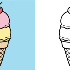 Zwei Eiscreme-Bilder: eins farbig mit rosa und gelben Kugeln, das andere als Schwarz-Weiß-Vorlage zum Ausmalen. Perfekt als eis basteln vorlage!